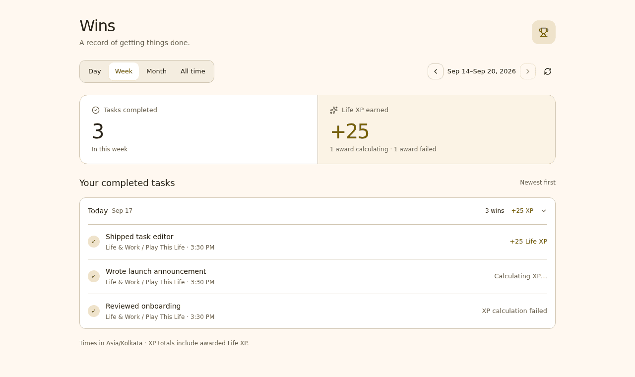 Play This Life weekly wins showing completed tasks and earned Life XP