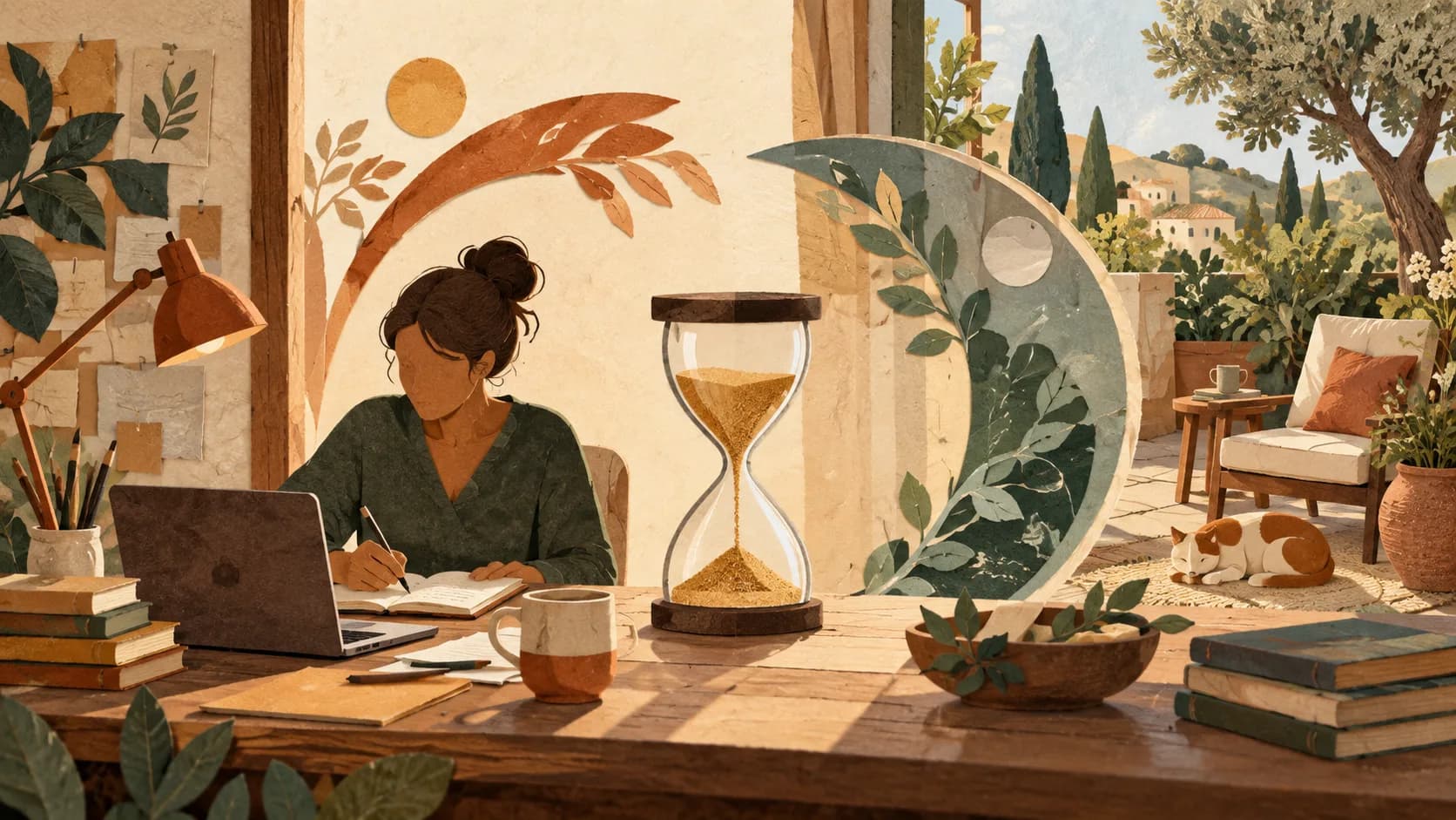 A focused work desk with an hourglass beside a restful garden terrace