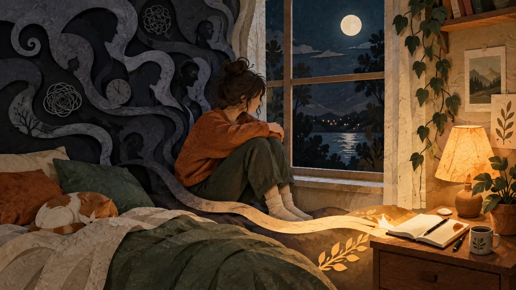 A person by a moonlit window as looping thoughts become a lit path toward a notebook