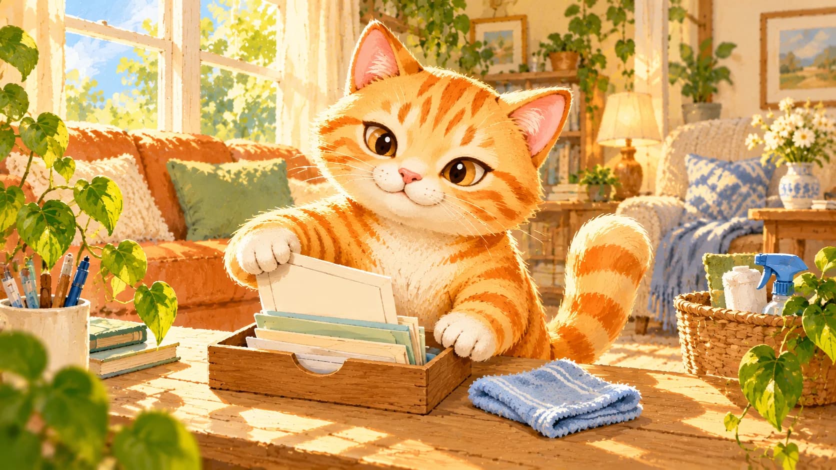 Ginger the orange tabby tidying a small desk in a sunny room, choosing a manageable household task