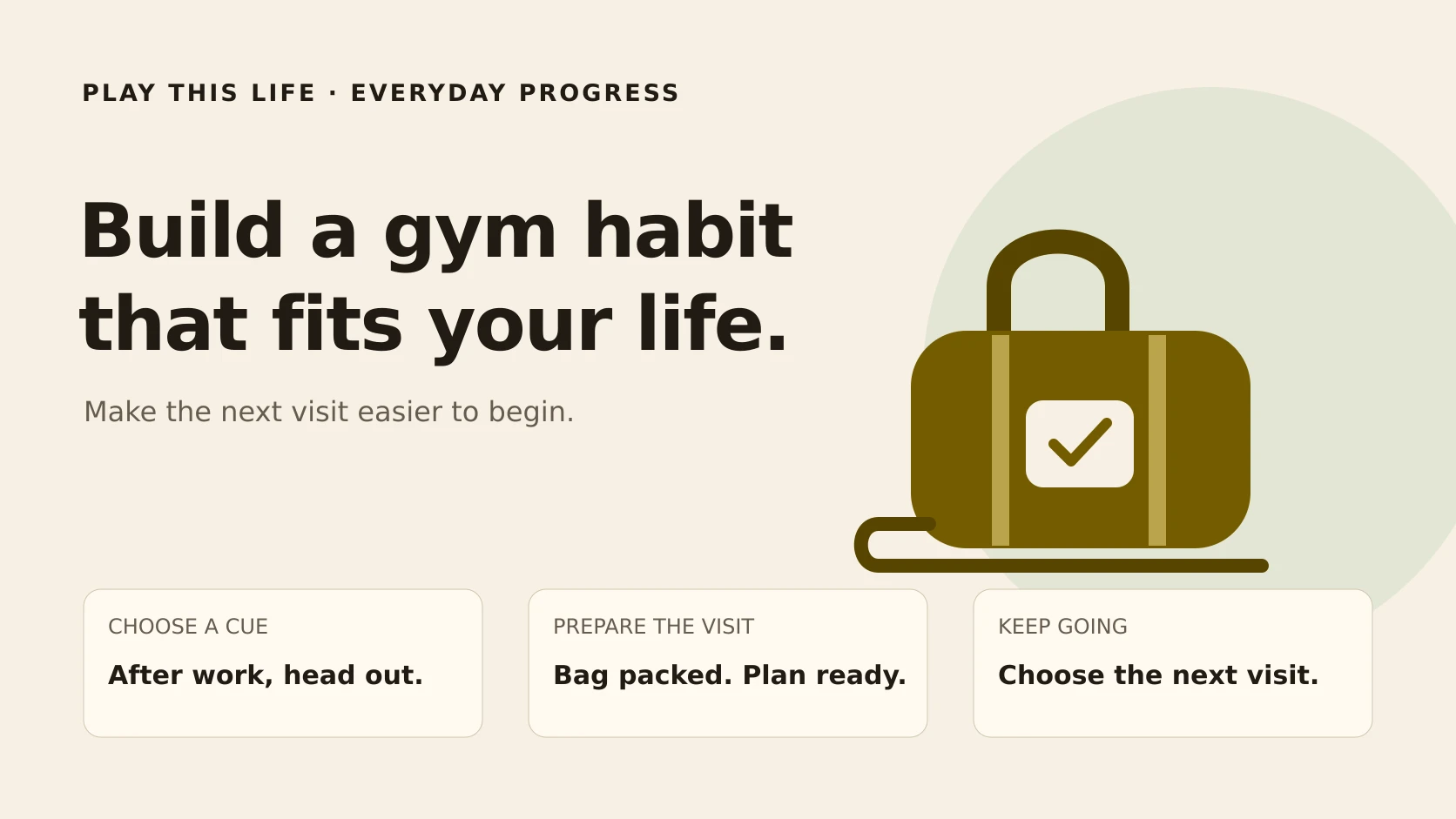 A packed gym bag beside a simple plan linking an after-work cue to the next gym visit
