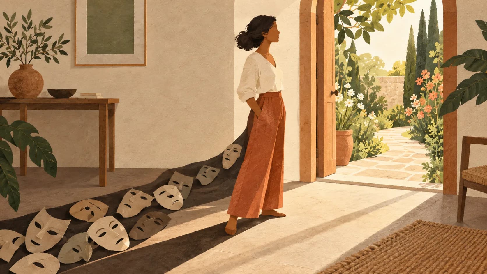 A calm person stepping into a garden after leaving discarded masks in shadow