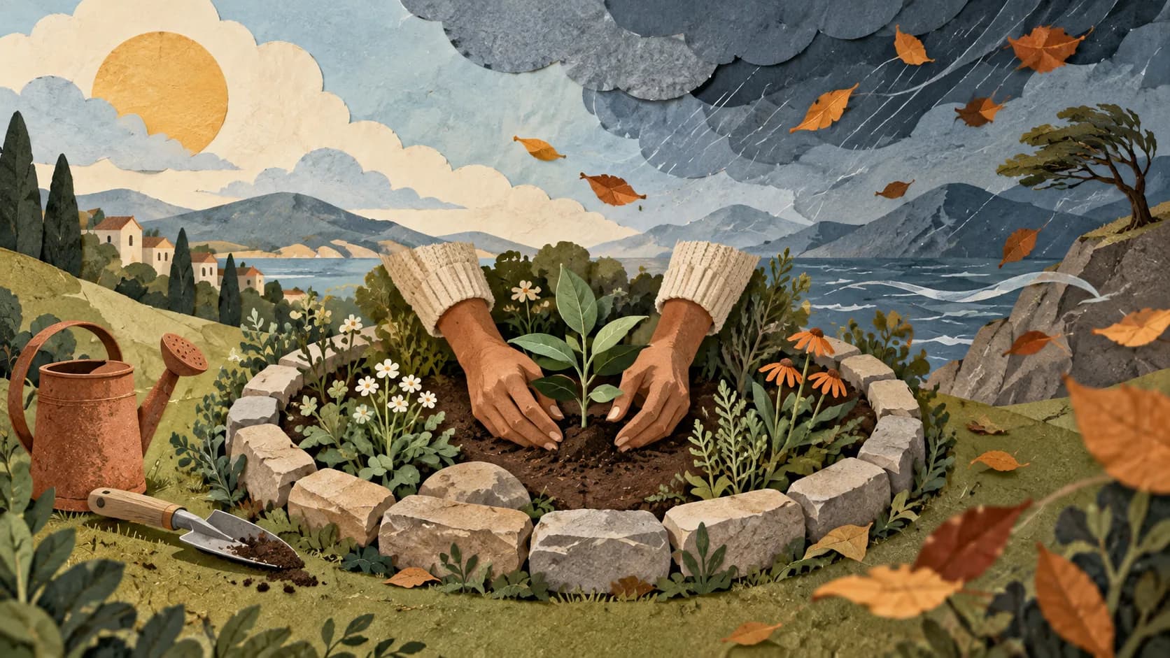 Hands tending a young plant in a protected garden while a storm passes outside