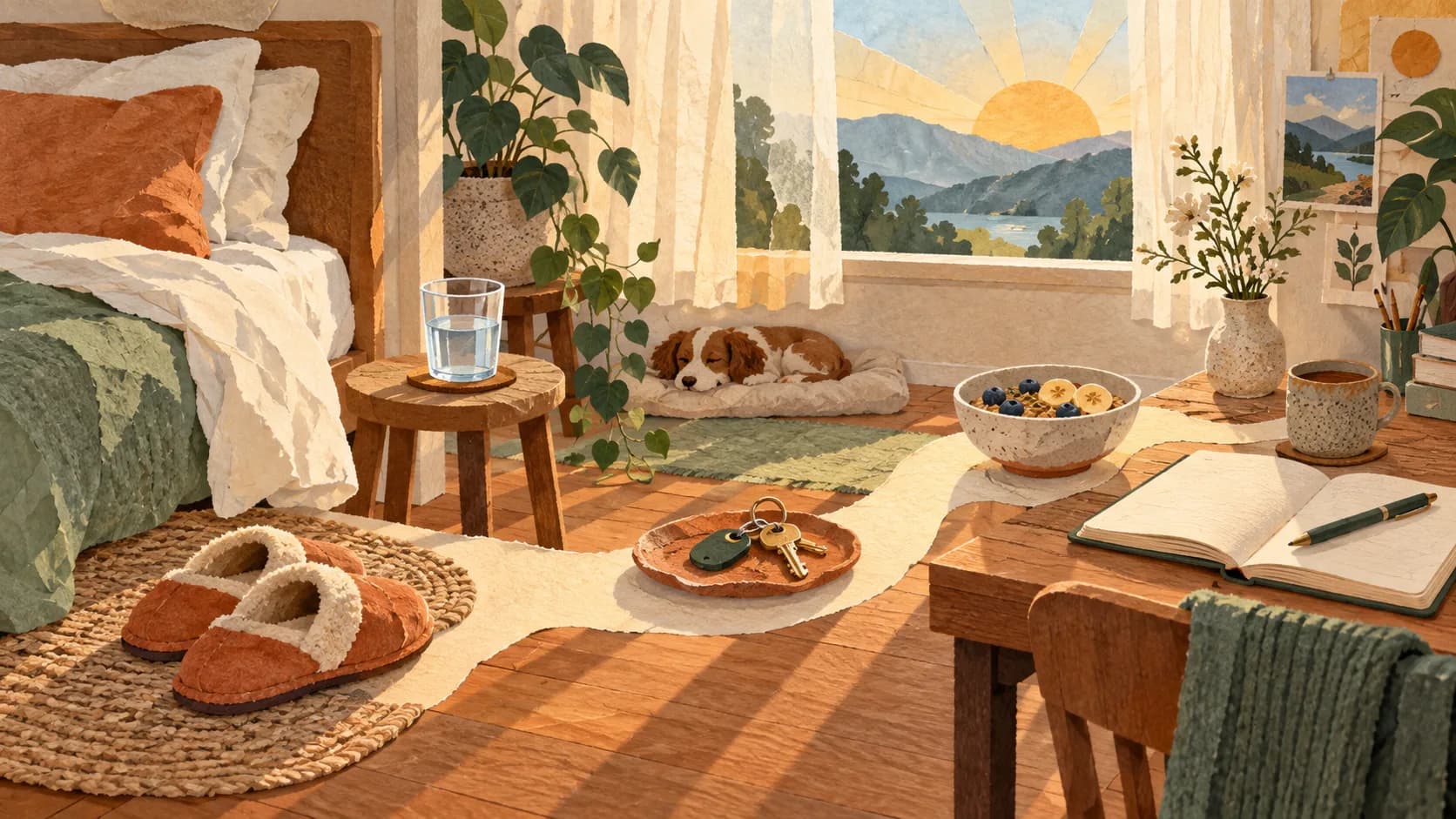 A gentle morning path through simple routines in a sunlit bedroom