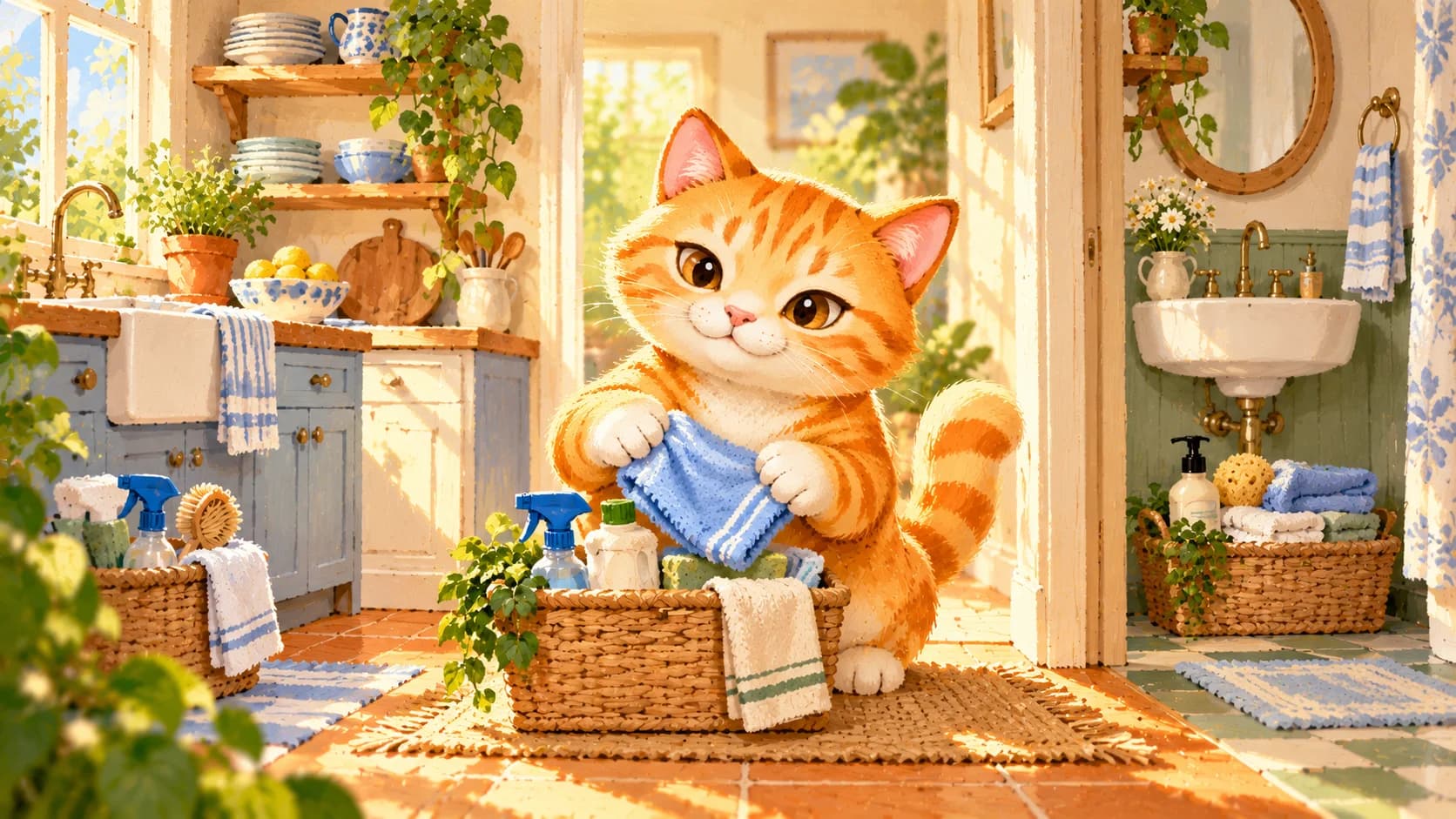 Ginger the orange tabby organizing cleaning supplies between a sunny kitchen and a bathroom nook