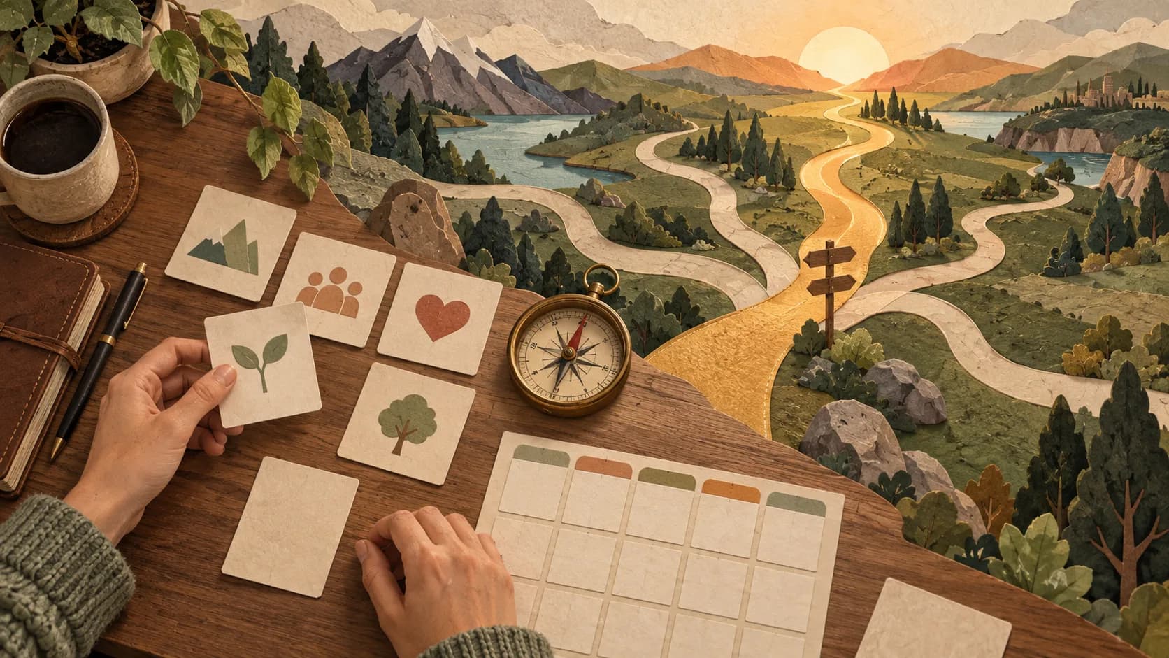 Planning cards and a compass arranging many routes into one clear golden path
