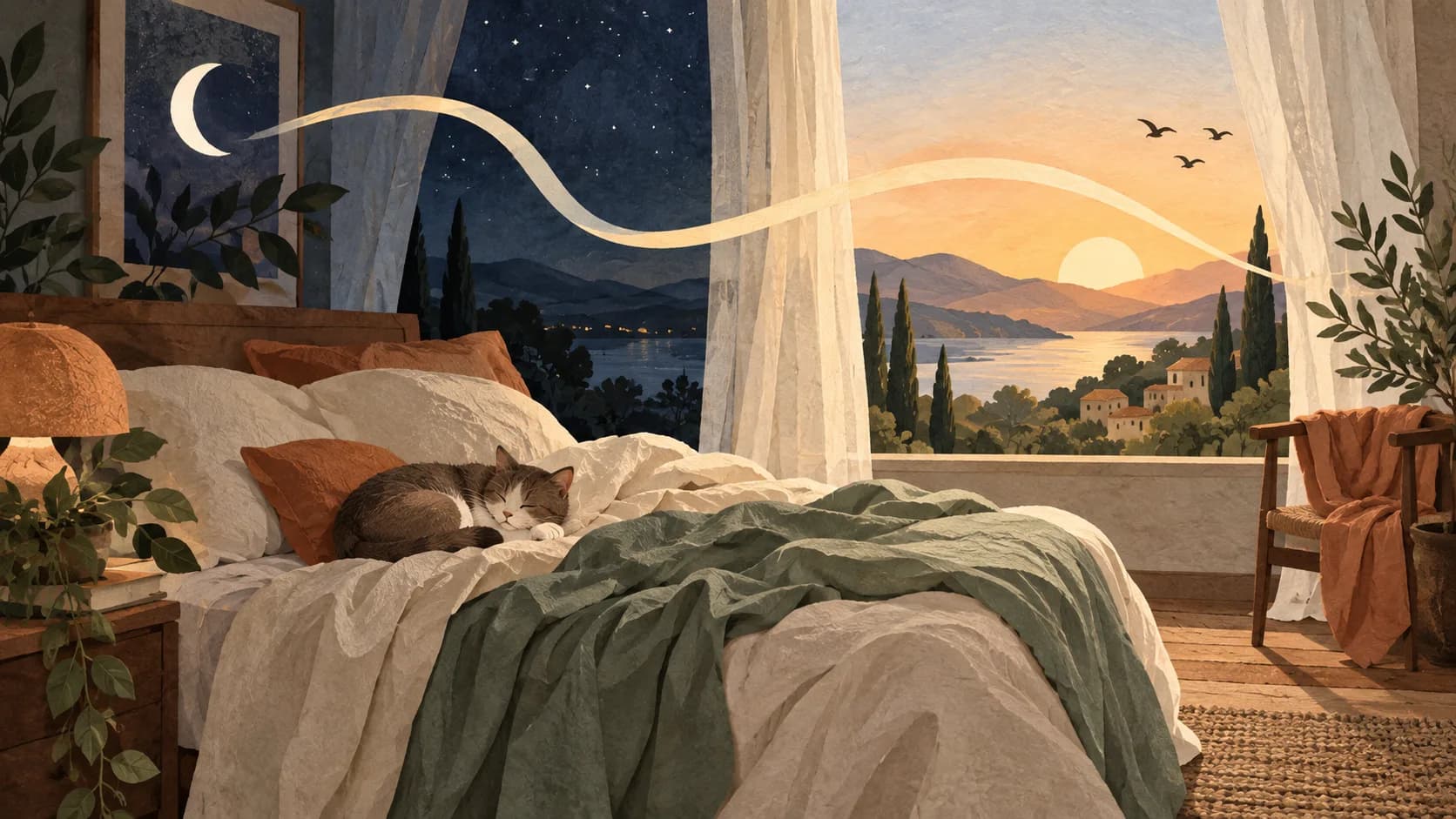 A quiet bedroom shifting from moonlit night into a warm sunrise