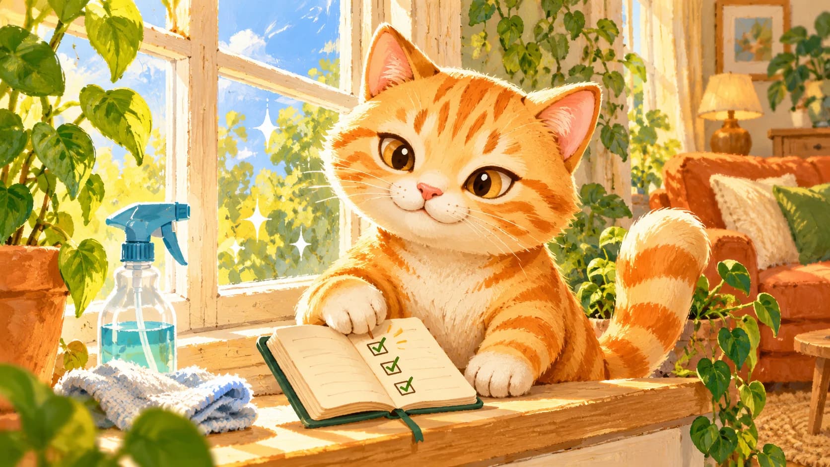 Ginger the orange tabby checking a chore log beside a freshly cleaned window in a bright, plant-filled room