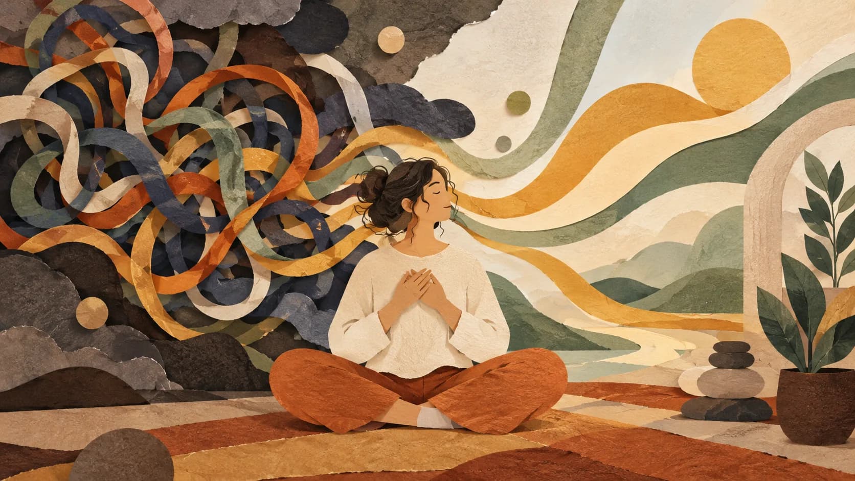 A grounded person as tangled thoughts settle into calm flowing lines