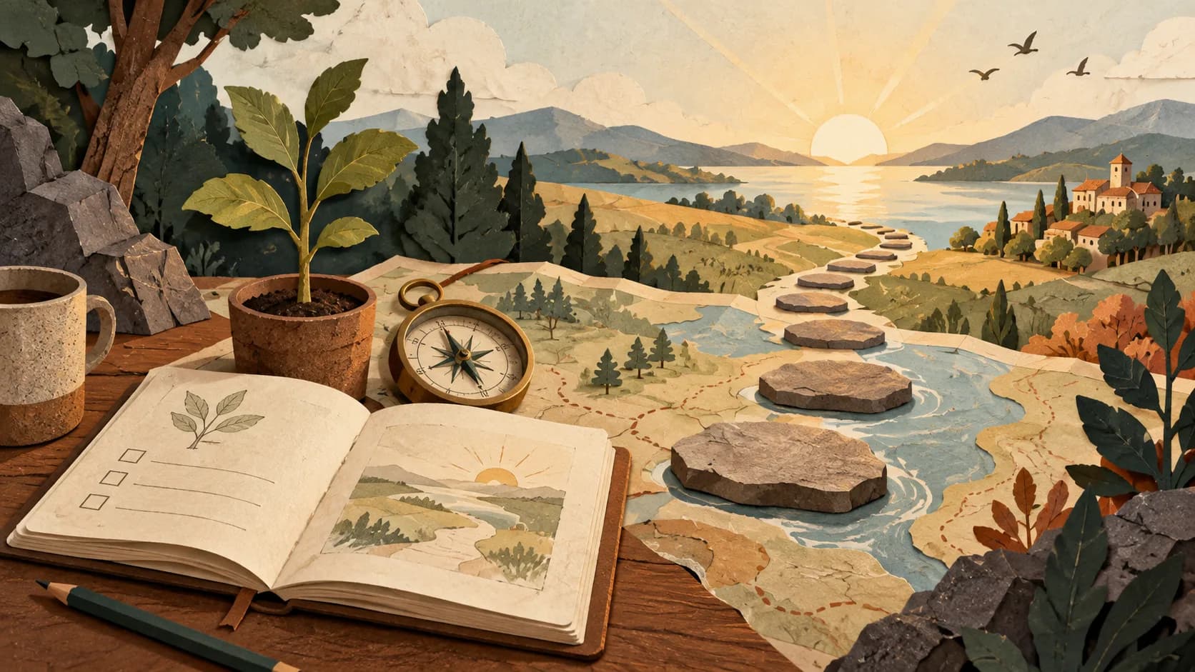 A notebook, compass, and growing plant leading along a planned path toward sunrise