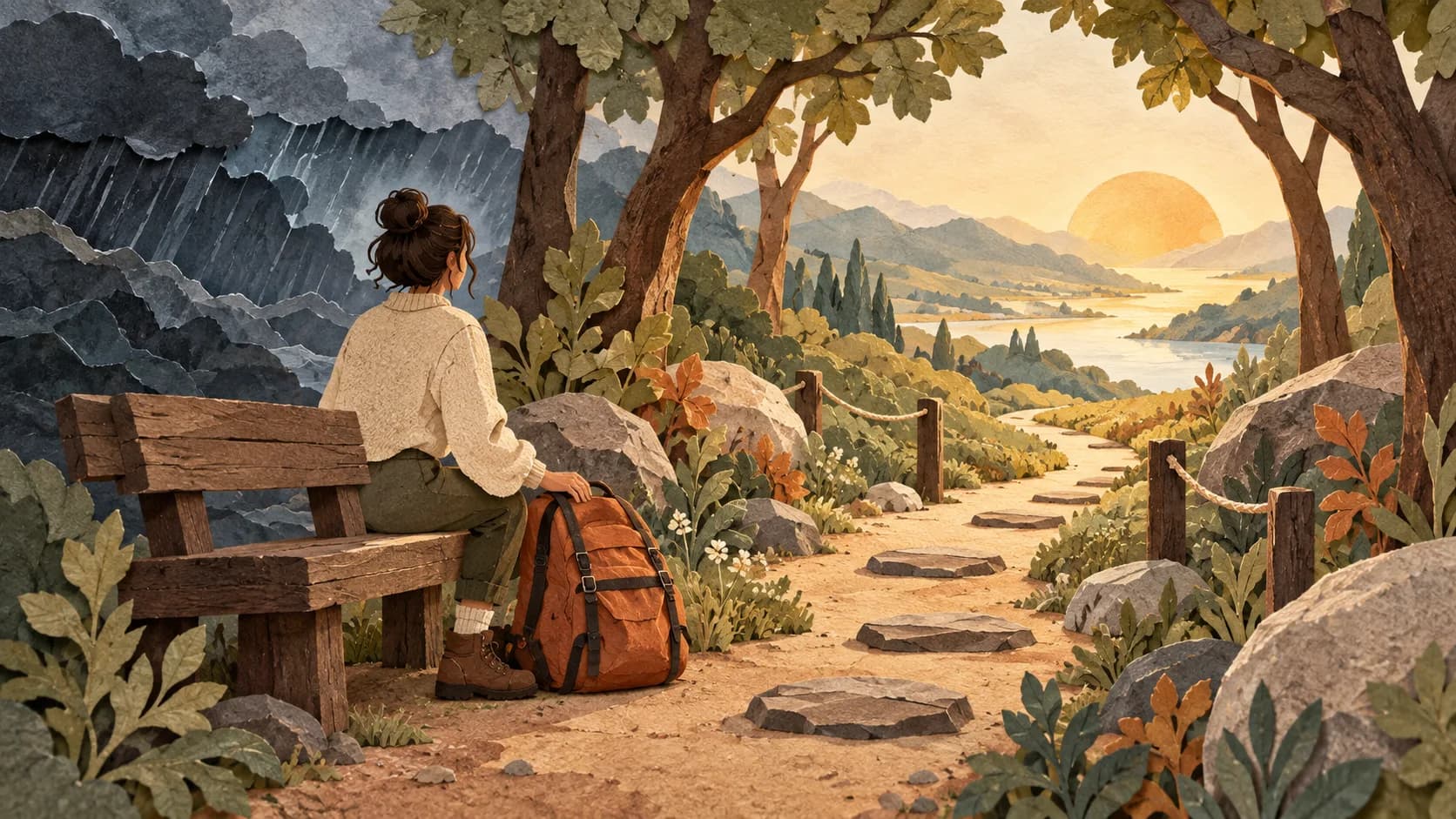 A traveler resting beside a heavy backpack before following a supported path toward light