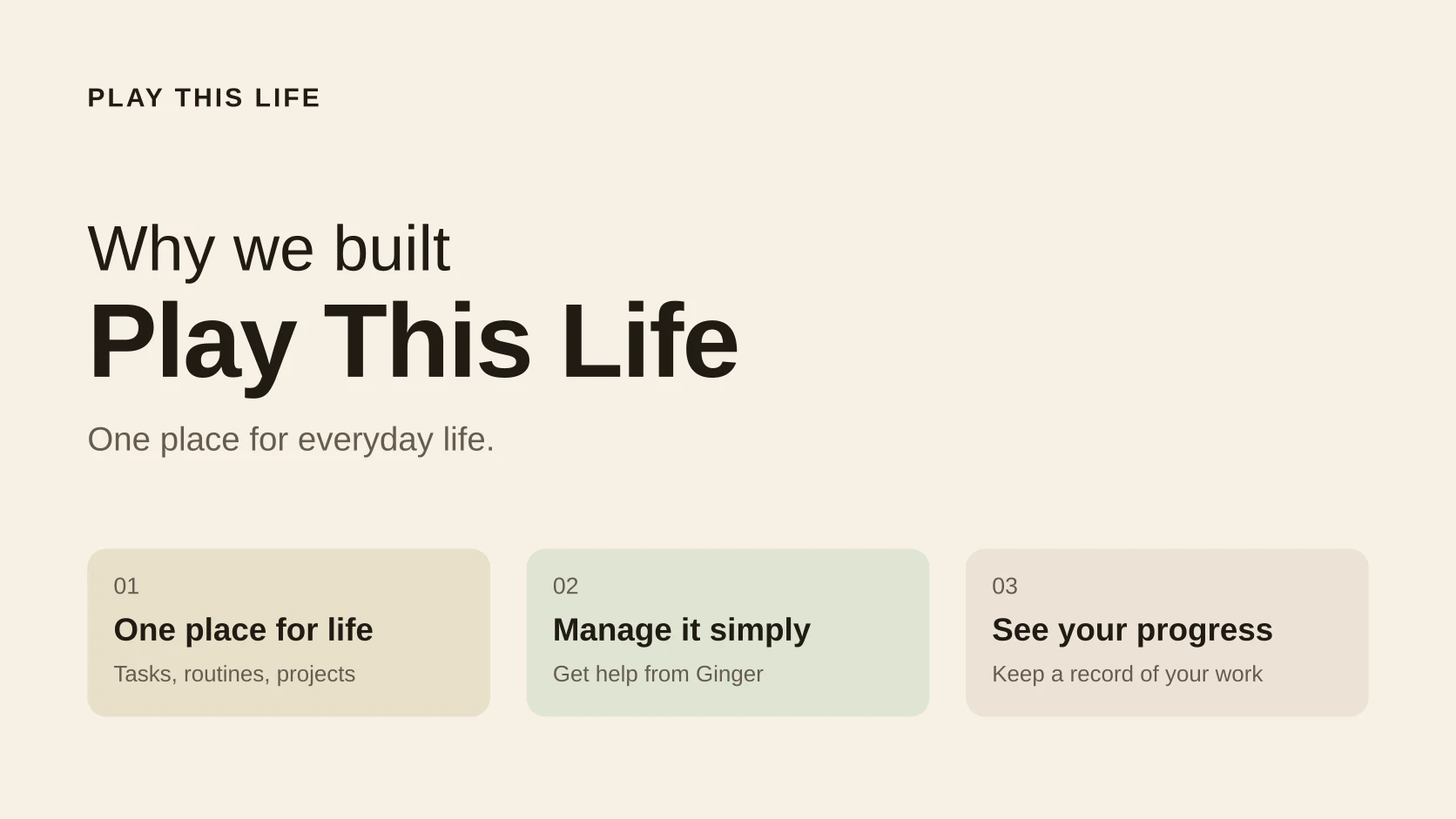 Play This Life: one place for everyday plans, simple management with Ginger, and visible progress