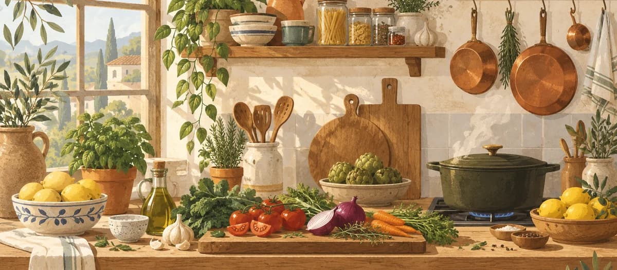 A sunlit kitchen with herbs, warm wood shelves, and copper pans