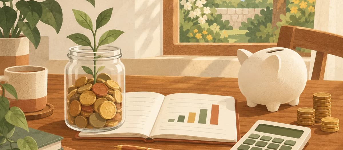 A sunny desk with a notebook, calculator, and savings jar