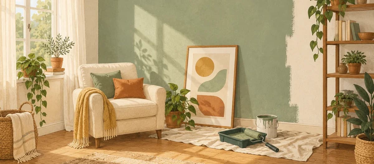A bright living room with a soft armchair, plants, and afternoon sunlight