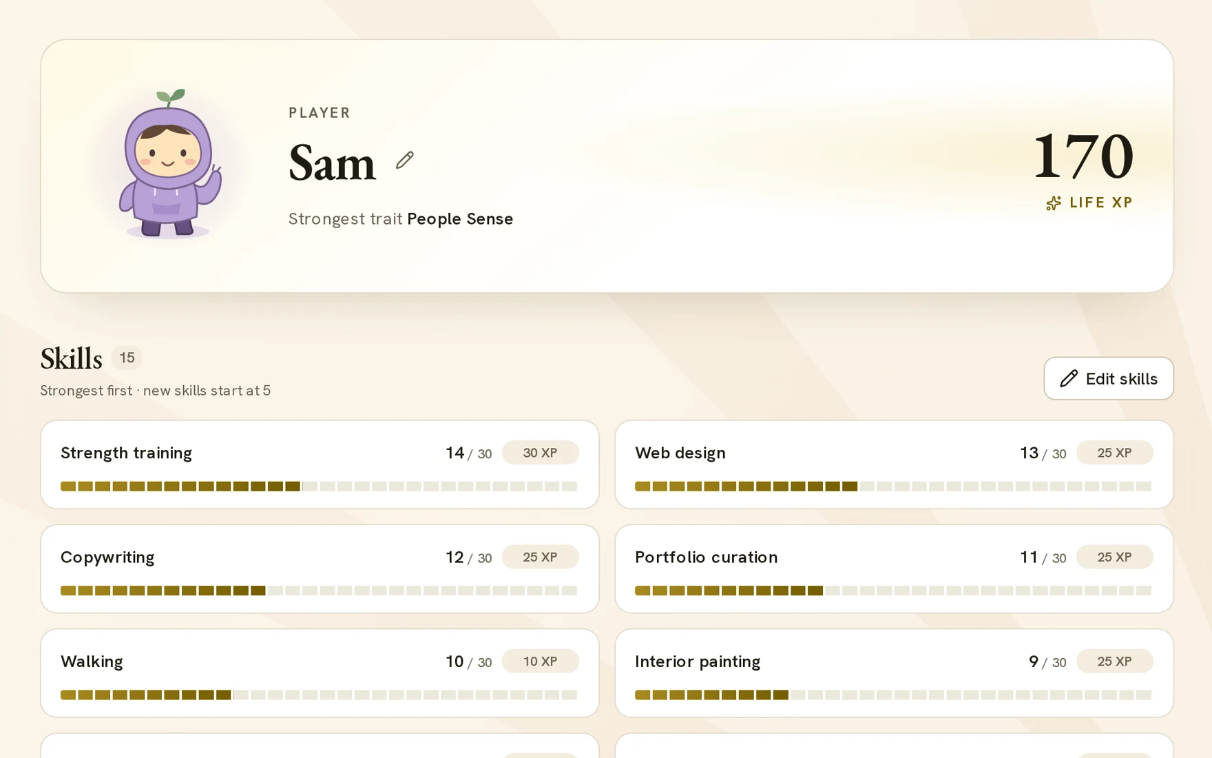 An example Play This Life Player screen showing Life XP and separate skill ratings and XP