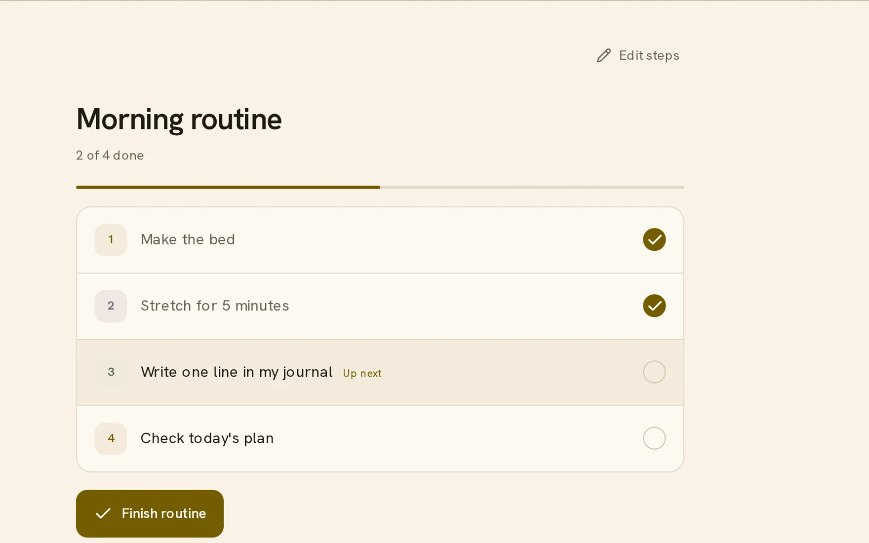 Example Play This Life routine showing completed steps and the next step to follow