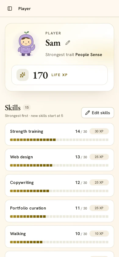 Player card with 170 Life XP and skills growing from finished tasks