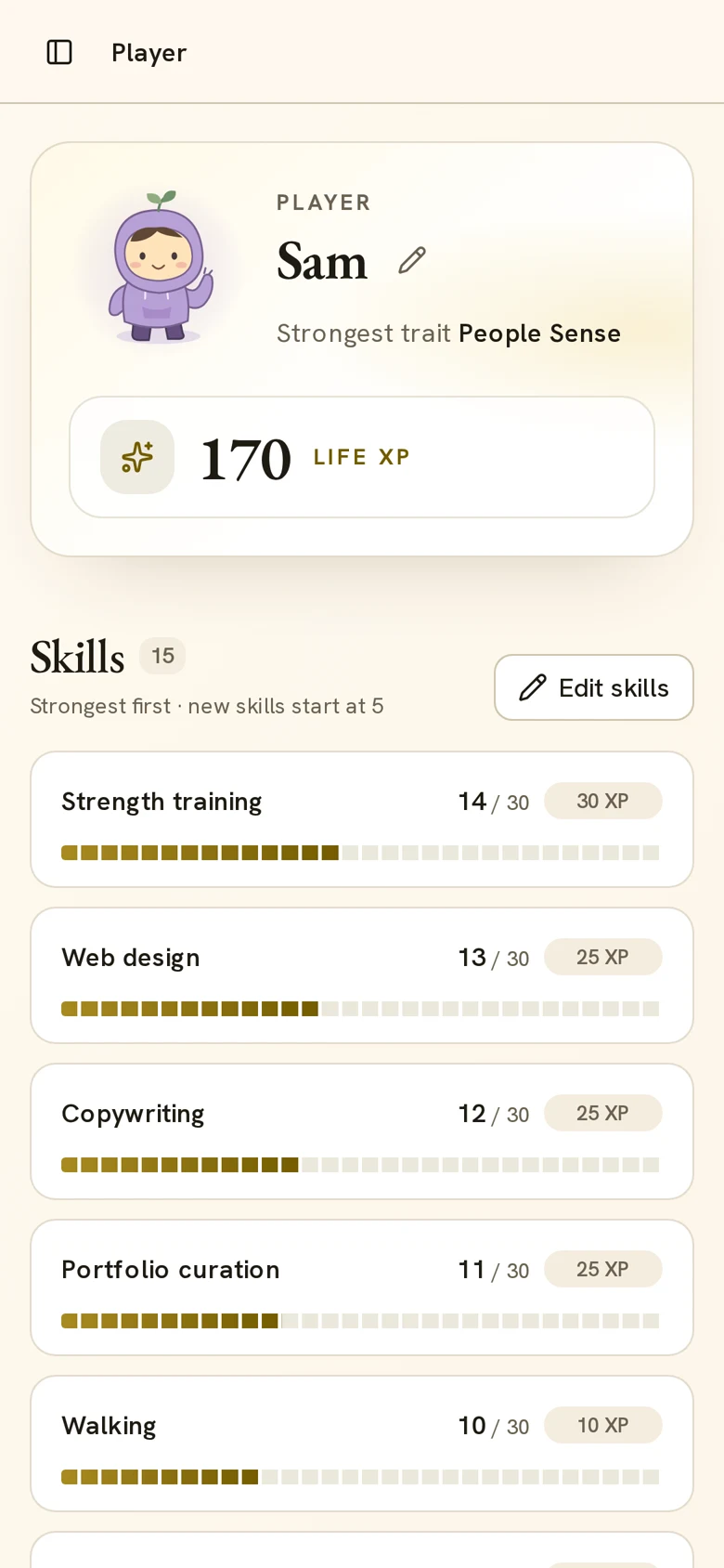 Player card with 170 Life XP and skills growing from finished tasks
