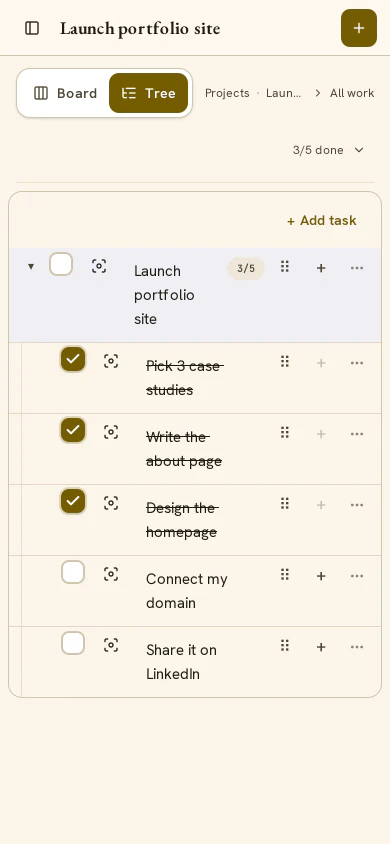 Launch portfolio site with three of five steps done