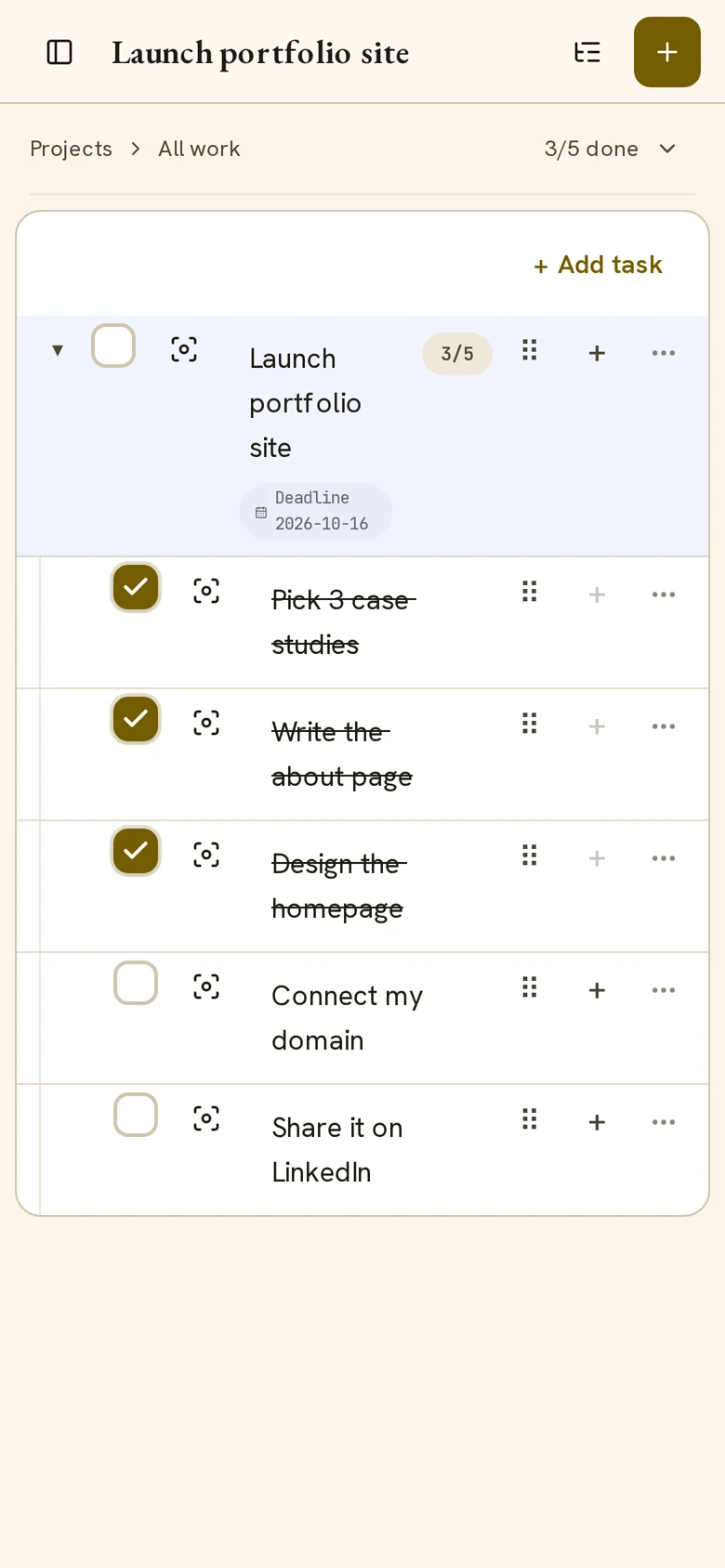 Launch portfolio site with three of five steps done
