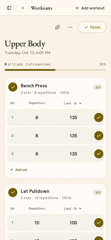 Upper Body workout with logged sets