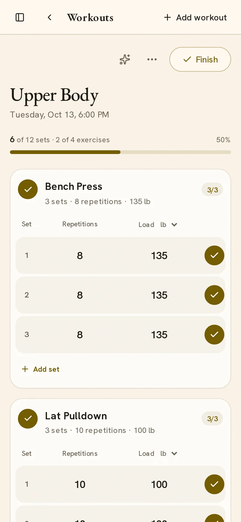 Upper Body workout with logged sets